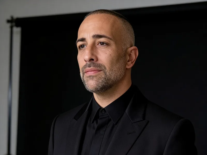 Riccardo Lucietti al lavoro di notte con vista skyline Dubai