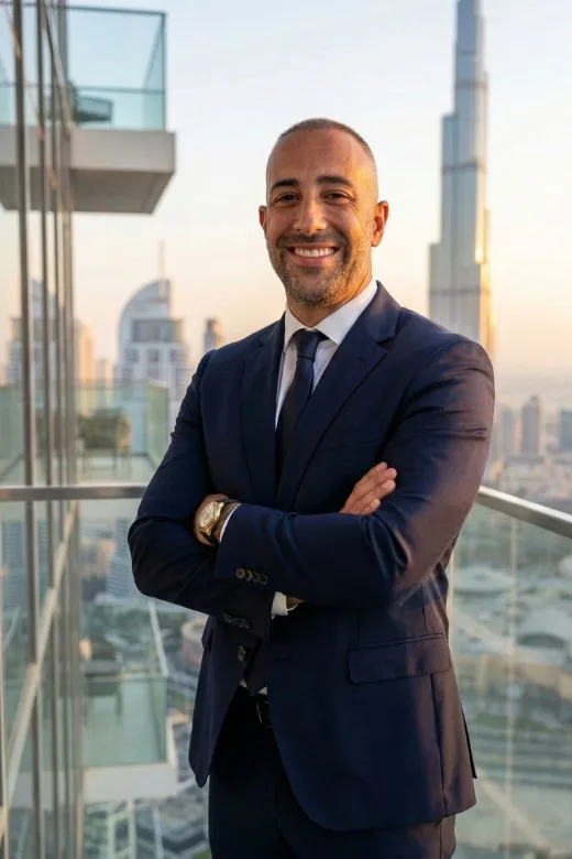 Riccardo Lucietti, consulente immobiliare Dubai con skyline
