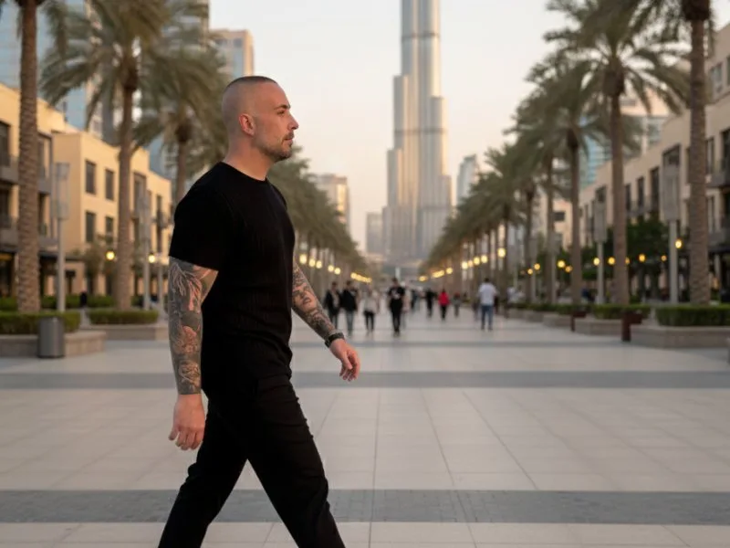 Skyline notturno di Dubai lungo Sheikh Zayed Road